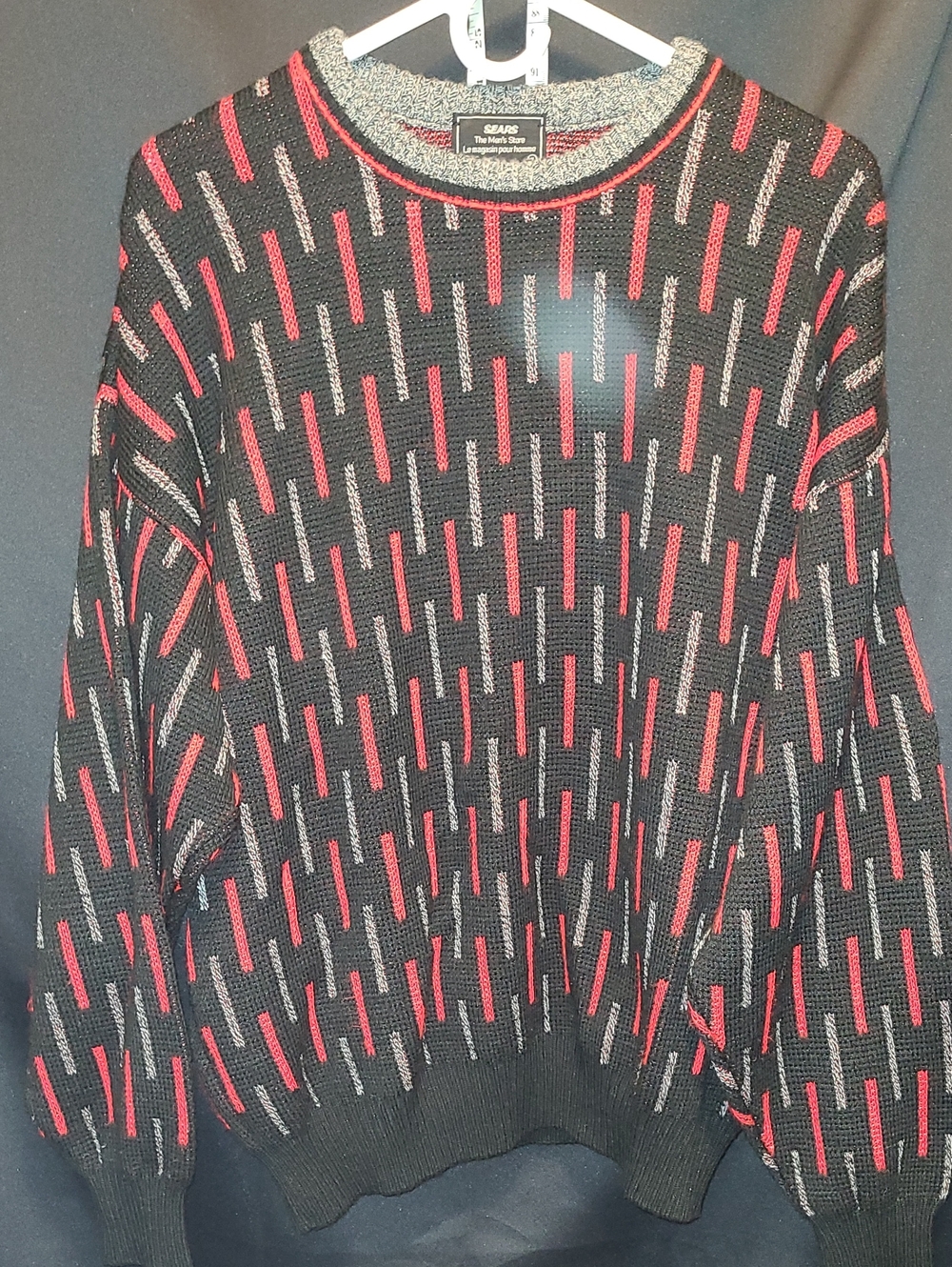Vintage Sears Black Crewneck Sweater with Red & Gray Dash Pattern